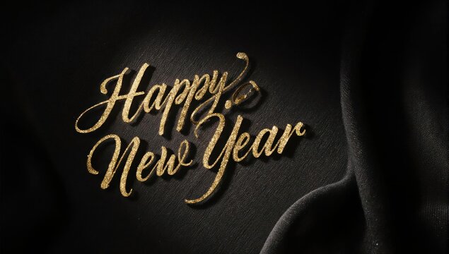 Golden script "Happy New Year" on a textured black backdrop, festive