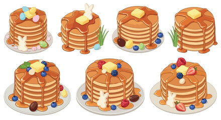 Stack of pancakes with toppings and bunny decorations