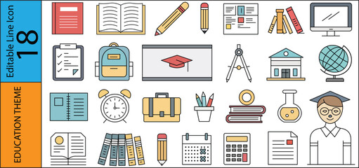 Colorful education icons depicting school supplies learning and academic themes