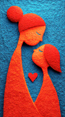 Vibrant Orange Felt Mother and Daughter Profile with Red Heart on Blue Textured Background