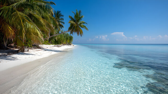 Tropical beach paradise with crystal clear turquoise water and palm trees on a sunny day creating a serene vacation destination landscape