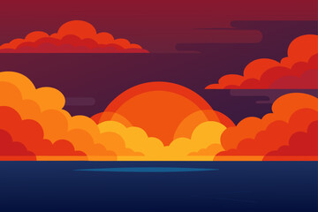Vibrant sunset over calm ocean with stylized clouds