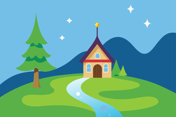 Charming cartoon house on a hill with a winding path and starry sky