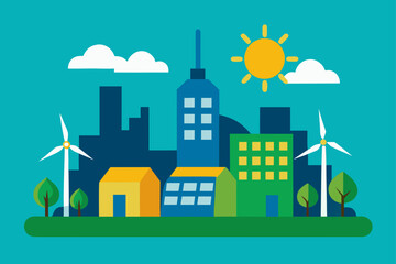 Green city with wind turbines and solar energy under a bright sun