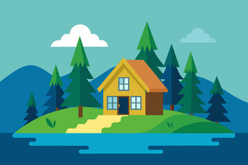 Cozy yellow cabin nestled among pine trees by a lake