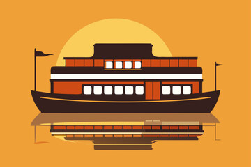 Stylized ferry boat sailing on water at sunset with reflection