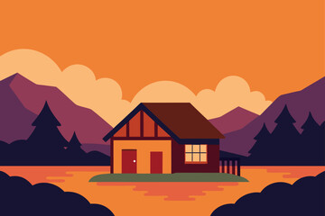 Cozy cabin nestled beside a tranquil lake at sunset with mountains in the background