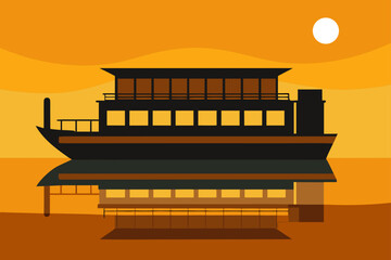 Stylized illustration of a boat docked at a pier during sunset