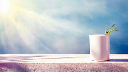 A minimalist composition featuring a small green plant in a white pot on a textured surface, bathed in bright sunlight with a soft blue sky backdrop.