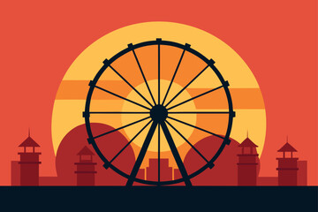 Ferris wheel silhouette against a vibrant sunset sky with city skyline