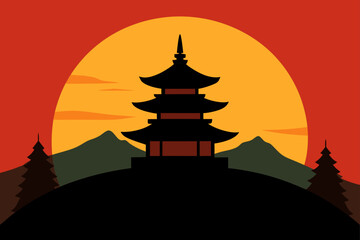 Silhouette of a japanese pagoda against a vibrant sunset and mountains