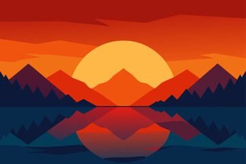 Vibrant sunset over reflecting mountains and lake minimalist landscape