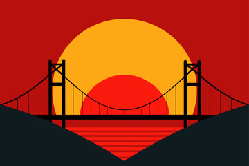 Stylized golden gate bridge at sunset with vibrant colors