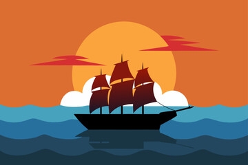 Silhouette of a sailing ship on the ocean at sunset