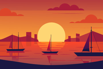 Sailboats on the water during a vibrant sunset with city skyline