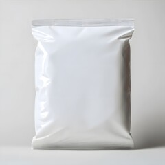 A sealed white plastic bag standing upright against a plain light background.