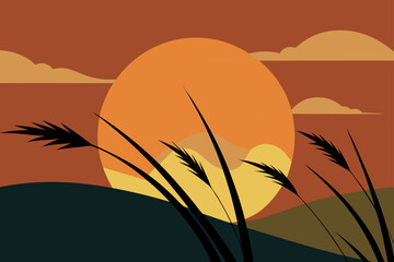 Stylized sunset over rolling hills with tall grass silhouettes