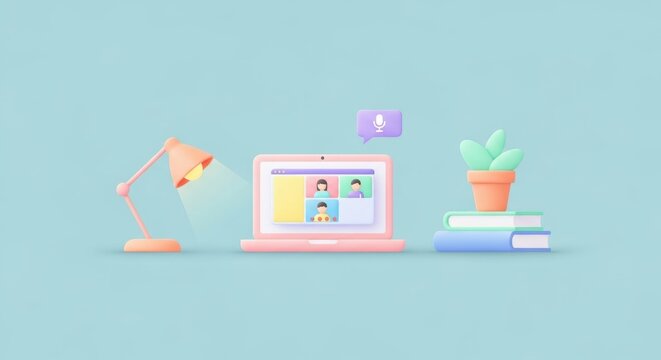 Pastel themed online meeting setup with laptop lamp and plant provides calm workspace