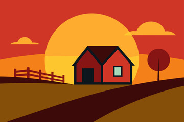Stylized sunset over a rural farmhouse with a fence and tree