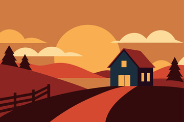 Flat design rural landscape with house and sunset