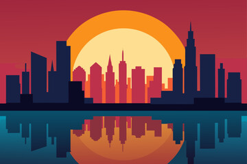 Modern city skyline silhouette at sunset with water reflection