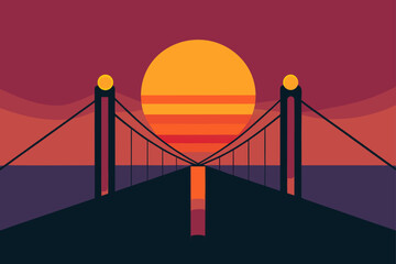 Stylized golden gate bridge at sunset with vibrant orange sun