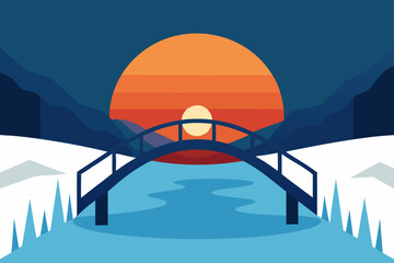 Winter landscape with bridge over frozen river at sunset