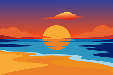 Vibrant sunset over ocean with sandy beach and colorful clouds