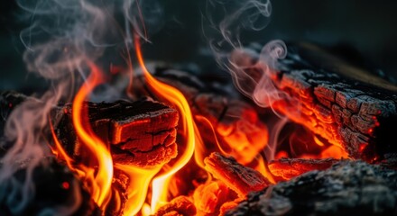 Burning wood with flames and smoke in a closeup shot of campfire