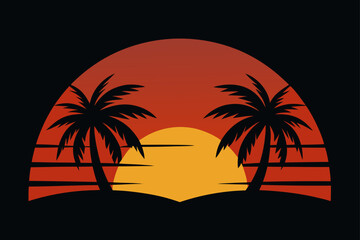 Retro sunset with palm trees silhouette on black background