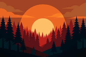 Vibrant sunset over a dark pine forest landscape