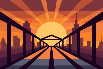City skyline silhouette at sunset with bridge perspective