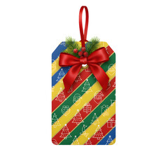 Colorful Christmas gift tags with vibrant holiday designs, festive labels with patterns and illustrations, merry seasonal decorations isolated on transparent background PNG