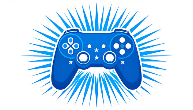 Blue video game controller icon with a radiating starburst background. - Powered by Adobe
