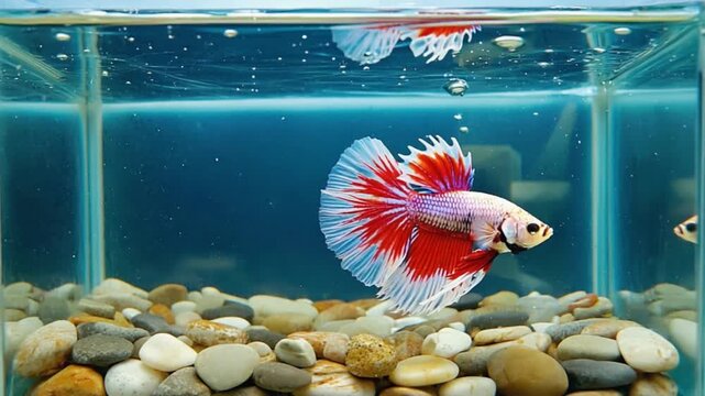 Close up of a betta fish with red and white fins swimming in a fish tank with rocks fish video