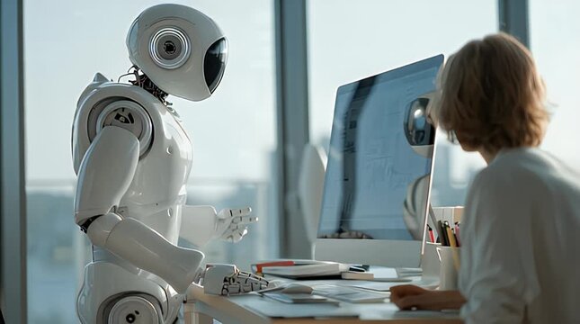 Minimal White Robot Pointing at Screen with Human Colleague