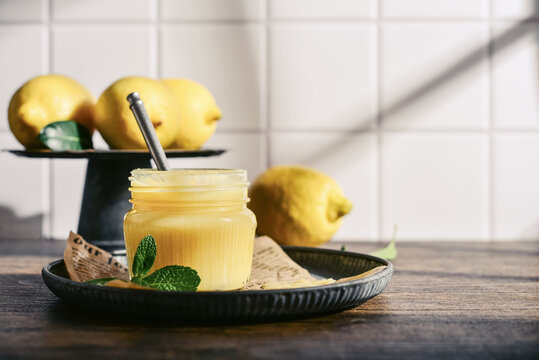 Homemade lemon curd in a glass jar