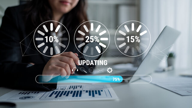 A concept of a system update and software installation. A progress bar and loading icons showing the update percentage and status. Motif