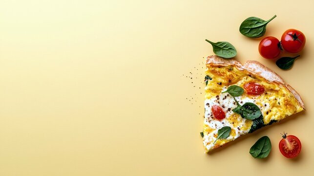 A single slice of quiche topped with spinach and cherry tomatoes, presented on a plain yellow surface. - Powered by Adobe