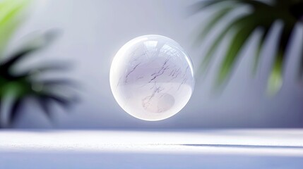 A polished marble sphere with delicate gray veining appears to levitate against a soft, blurred backdrop of green foliage and a light gray wall.