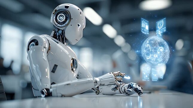 Futuristic Robot Pointing at Holographic UI Panels in Office