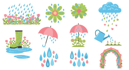 Rainy day elements with flowers and rainbow