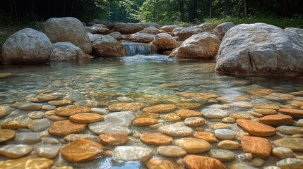 Crystal clear water flows over rocks in a shallow stream, surrounded by greenery and sunlight