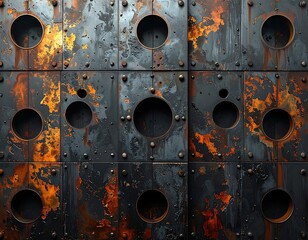 Close-up of industrial panels, dark grey with orange rust spots, several circles cut out, metallic texture