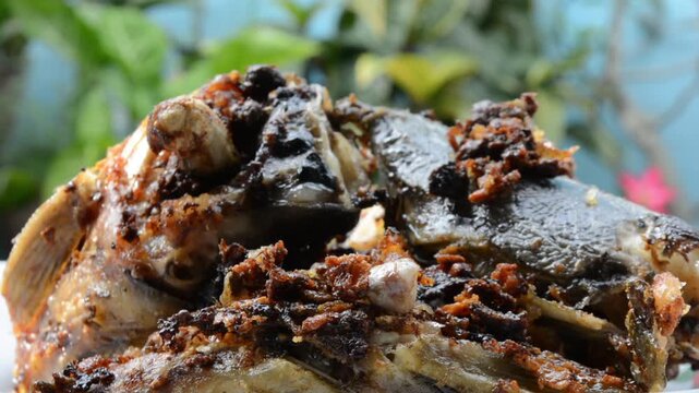 Extreme Close-up Macro Shot of Crispy Fried Catfish Head (Ikan Lele) with Dark Spices and Crunchy Bits. Authentic Asian Street Food and Local Cuisine