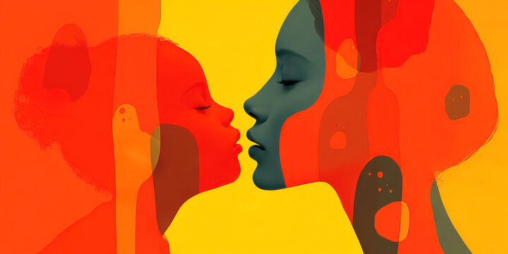 Abstract Pop Art Profiles of Mother and Child in Vibrant Yellow and Orange Tones