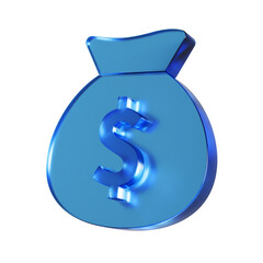 お金が入った袋のフラットなアイコンの3Dイラスト。透明感のある青いグラスモーフィズムなマーク