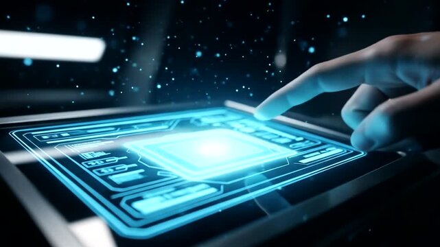 Futuristic touchscreen interface with a hand interacting in a tech environment