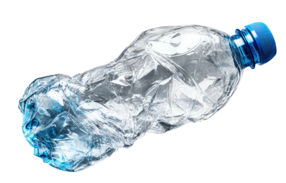 Crushed, transparent plastic water bottle with blue cap