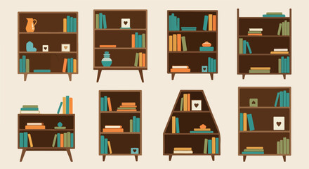 Wooden bookshelves with books and decorative items